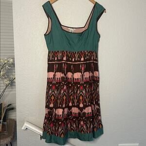 Anthropologie Diodore Elephant March Dress Fall Safari Indie Brown Pink Teal